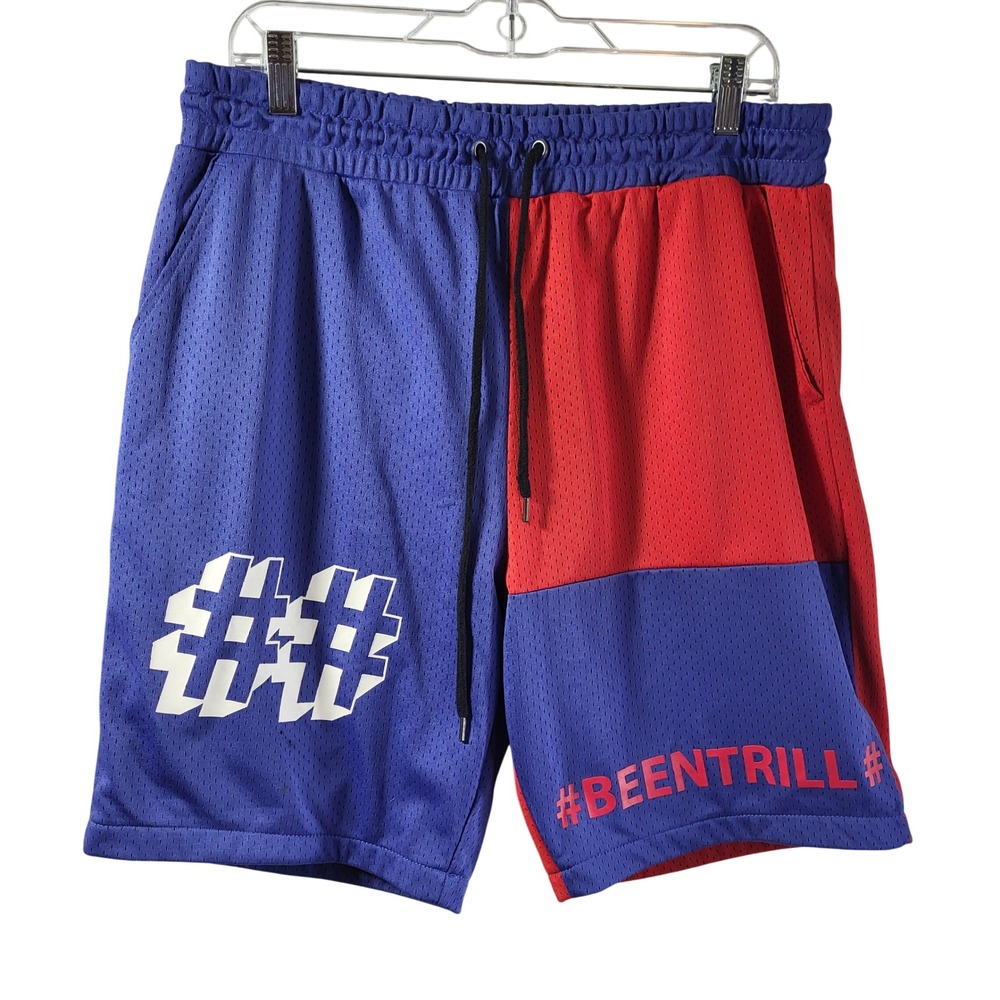 BEEN TRILL Mens‎ Mesh Athletic Shorts Blue Red Colorblock Graphic Logo Size L